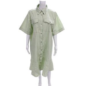 Sea Women Shirt Dress Green Cotton Collared Short Sleeve Midi Size XL